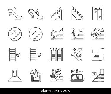 Stairs, escalator and elevator emergency exit line icons, vector up and down arrows. Stairs, emergency exit doors and wheelchair information signs for Stock Vector