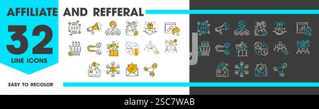 affiliate and referral program line icons. Vector set of outline signs, handshake, network connections, user avatars, link chains and magnet, megaphon Stock Vector
