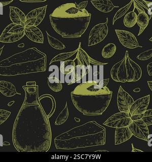Seamless pattern with pesto sauce elements, basil leaves, garlic, parmesan cheese, olive oil in hand-drawn sketch style. Black and white vector illust Stock Vector