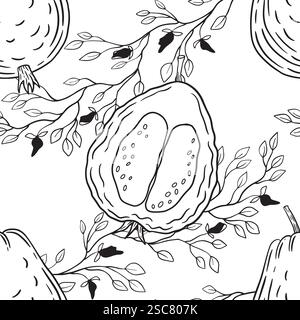 A whimsical and artistic black and white pattern prominently featuring papayas along with delicate branches. Hand drawn vector black-and-white graphics in line art for printing on paper and fabric. Stock Vector