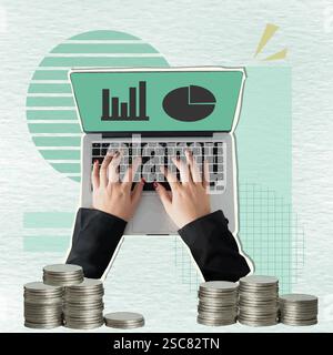 Business woman analyzing financial data on a laptop with coins in a modern collage style, vector illustration Stock Vector