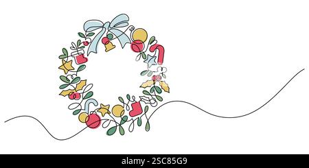 christmas wreath decoration hanger one line continuous drawing hand drawn minimalism. holiday fir tree garland greeting festive season thin line illus Stock Vector