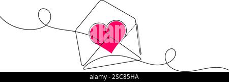 love message envelope with heart shape hand drawn one line drawing continuous valentine concept minimalist art Stock Vector