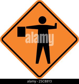 Flagger ahead sign. Road works ahead. Orange diamond background. Traffic signs and symbols. Stock Vector