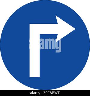 Compulsory turn right sign. Blue circle Background. Traffic signs and symbols. Stock Vector