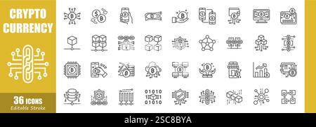 Cryptocurrency . Financial technology outline icon collection . Editable stroke . Vector . Stock Vector