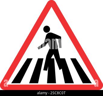 Pedestrian crossing warning sign. Red triangle background. Traffic signs and symbols. Stock Vector