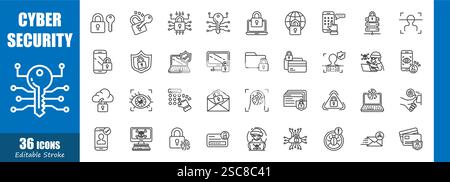 Cybersecurity . Technology outline icon collection . Editable stroke . Vector . Stock Vector