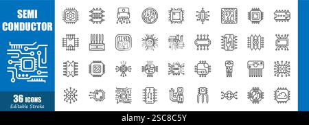 Semiconductors . Technology outline icon collection . Editable stroke . Vector . Stock Vector