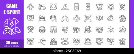 Game and E-sports . Technology outline icon collection . Editable stroke . Vector . Stock Vector
