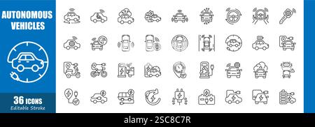 Autonomous vehicles and electric vehicle . Technology outline icon collection . Editable stroke . Vector . Stock Vector