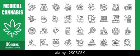 Cannabis . Medical outline icon collection . Editable stroke . Vector . Stock Vector