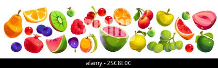 Summer fruit set isolated on white background. Vector cartoon illustration of whole and cut pieces of watermelon, strawberry, kiwi, pear, apple, lemon, orange, pomegranate, raspberry, organic food Stock Vector