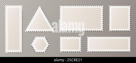 Postcard stamp frames set in different geometric shapes - vertical and horizontal rectangle, triangle, hexagon with white perforated borders. Vintage mail, philately or scrapbooking design elements. Stock Vector