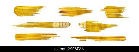 Gold foil brush strokes set with metallic shimmering texture. Painted rough horizontal lines for luxury decorative design elements. Abstract glowing textured yellow swipes on white background. Stock Vector
