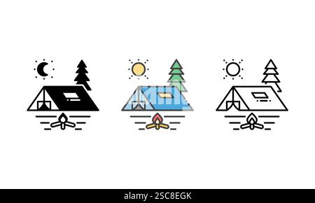Vector icon of a camping scene with a tent, trees, a sun, and a campfire, symbolizing outdoor adventure and the hobby of camping. Stock Vector