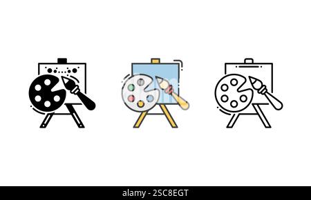 Vector icon of painting tools featuring a brush, color palette, and canvas - Representing the hobby of painting and artistic creativity. Stock Vector