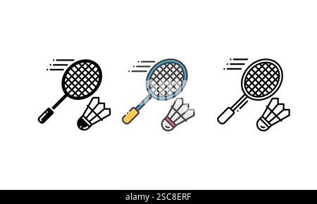 badminton icon - with racket and shuttlecock. vector icons with Outline, Glyph and Filled Outline Style Stock Vector