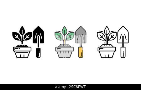 Vector gardening icon featuring a garden trowel and a pot with a young plant, symbolizing the hobby of gardening and plant care. Outline, Glyph and Fi Stock Vector