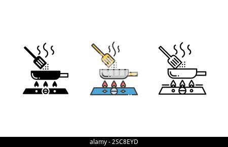 Vector cooking icon featuring a lit stove, a pot, and a spatula, with smoke elements for added detail. Outline, Glyph and Filled Outline Style Stock Vector