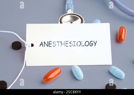 Focus on anesthesiology as a vital medical specialty with tools and medications arranged for examination. Stock Photo