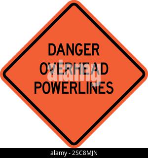 Overhead power lines danger sign. Orange diamond background. Safety signs and symbols. Stock Vector