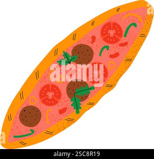 Pide with tomatoes and meat. Traditional Turkish food. Hand drawn vector illustration Stock Vector