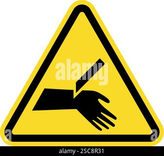 Cutting of hand or finger warning sign. Triangle yellow background. Safety signs and symbols. Stock Vector