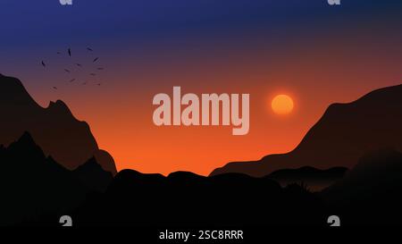 Drawing graphics The sun sets behind the mountains, painting the sky with golden hues of serenity illustration Stock Vector