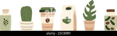 Canned food, cup of coffee, paper bag, plant and cactus in a row. Meal preserved in a glass jar from supermarket or farmer market for eco-friendly des Stock Vector