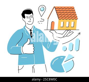 Buying real estate. Graph of value increase, market trends and investments. Agent seller sells house Stock Vector