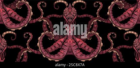 Vector seamless pattern with creepy octopuses on a black background. Texture with sea inhabitants with tentacles for wallpapers and fabrics. Stock Vector