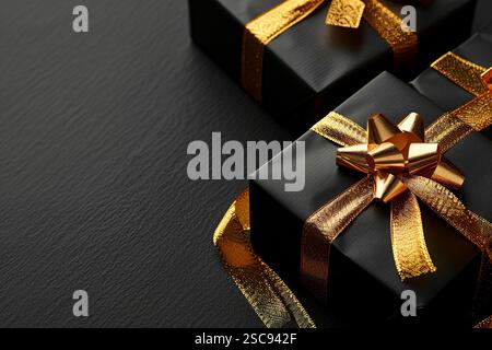 Black christmas boxes with golden ribbon on black background with copy space for text. The boxes are all the same size and shape Stock Photo