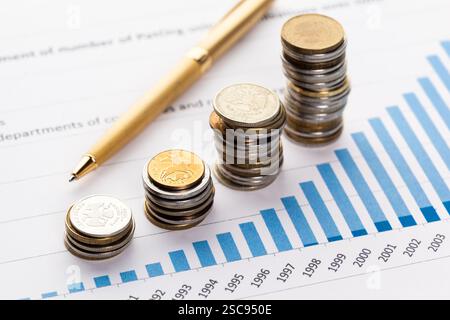 Graph Of Stock Market With Stacks Of Coins Stock Photo