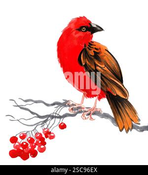 Cardinal Red Patterns Red cardinal bird watercolor illustration. Pine branch decor features ...