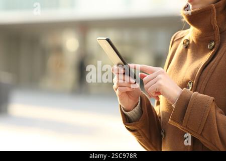 Close up of a woman hand using smartphone in winter in the street Stock Photo
