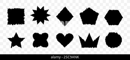 Jagged Geometric Forms. Black grunge frames. Square, heart, crown shaped with torn paper effect. Ripped shapes silhouettes isolated on transparent Stock Vector