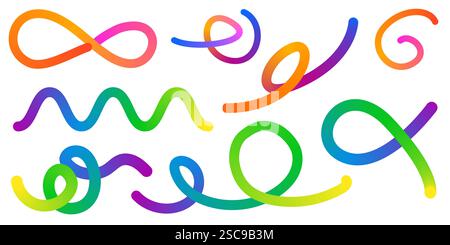 Abstract Color Rainbow Gradient Shapes Set. Vector Graphic with Wavy Lines in Bright Colors. Colorful Fluid Wave Pattern. Squiggly Design Elements. Stock Vector