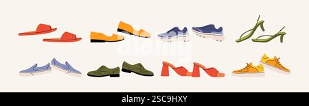 Summer spring footwear. Cartoon women shoes flat style, modern fashionable sandals, classic shoes, trainers, sneakers. Vector isolated set Stock Vector