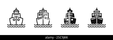 Cargo Ship icons set. Cruise liner, transport, vehicle, boat for sea travel and transportation. Filled and outlined style. Vector illustration. Stock Vector