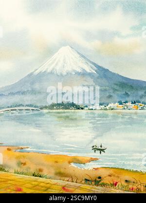 Watercolor landscape of Mount Fuji with beautiful autumn shades of ...