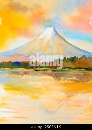 Watercolor landscape of Mount Fuji with beautiful autumn shades of ...