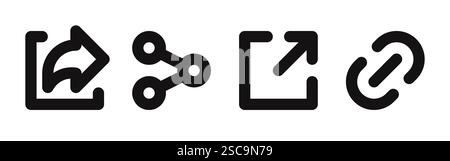 Share icons set. Arrow symbol, reply, send forward button, external link, upload, connection symbol, network sharing. Vector illustration. Stock Vector