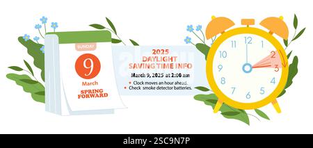 Spring Daylight Saving Time Begins info banner. Turning forward an hour clock and schedule with calendar date of changing time in march 9, 2025. Sprin Stock Vector