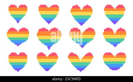 LGBT pixel heart set different shapes. Multicolored 8 bit hearts on white background for poster pattern, print, design, elements. Flat vector icon Stock Vector