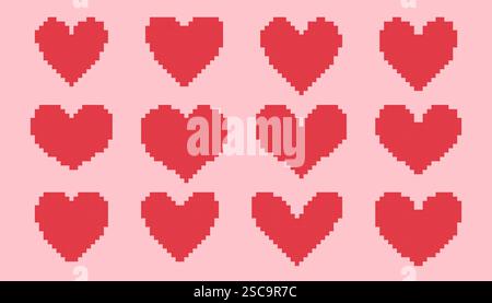 Pixel heart set different shapes. Red 8 bit hearts on pink background for poster pattern, print, design, elements. Flat vector icon collection Stock Vector