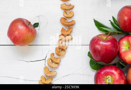 Dried sliced apple fruit with ripe fresh red apples on wooden rustic background, homemade dry fruit concept Stock Photo
