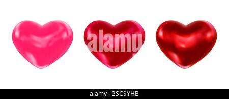 Set of rose, pink, red realistic 3d hearts. Vector illustration for romantic greeting card, invitation, design, banner, flyer, poster, decoration Stock Vector