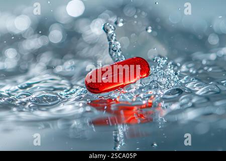 A red pill capsule is floating in a pool of water with water splashes, surrounded by bubbles, dynamics of movement and the process of taking medicatio Stock Photo