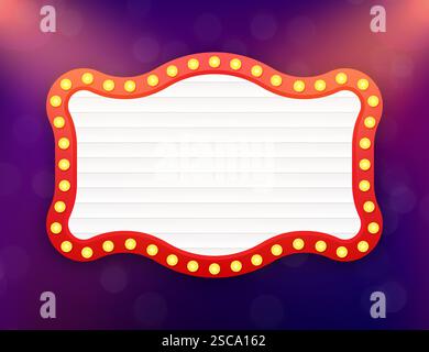 Blank white cinema billboard with light bulbs shining on purple background Stock Vector